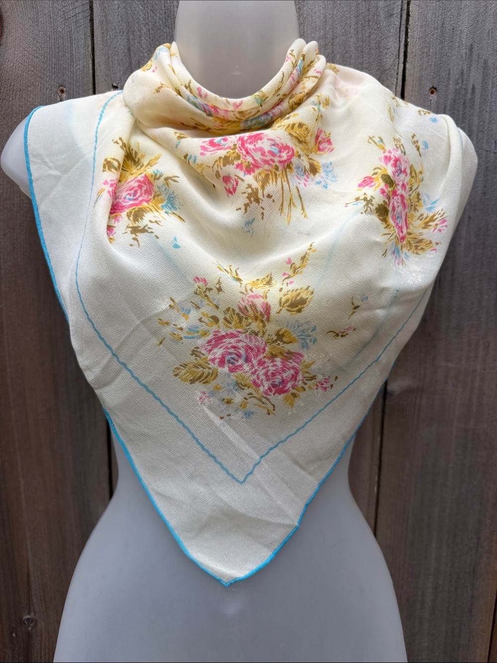 Vintage Sheer Silk Chiffon Floral Scarf Cream Pink Blue